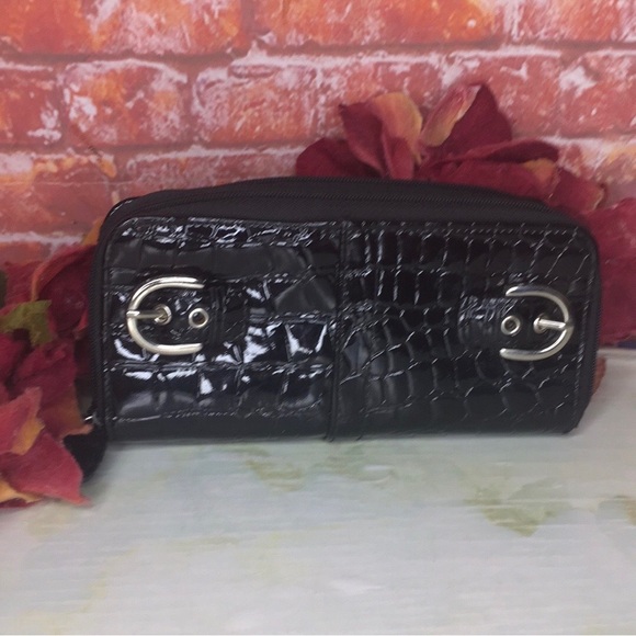 Handbags - Black Crocodile-Embossed Faux Patent Leather Zippered Wallet